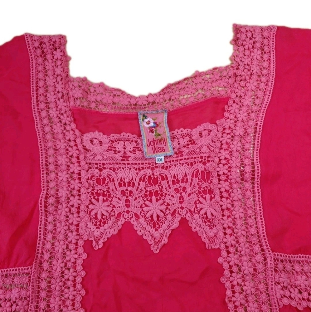 Johnny Was Boho Crochet Lace Georgette Top Woman XXL Crinkle Barbie Pink Coastal - Picture 8 of 15
